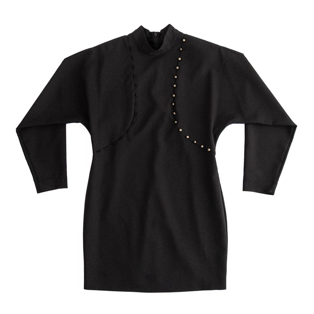 Nicole Miller Black Puff Sleeve Button Dress Mock Neck Women's $395 - Size 10 - Picture 8 of 14